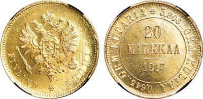 Лот №846, 20 марок 1913 года. S. В слабе RNGA MS 64.