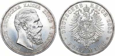 Лот №37,  Германская империя. Королевство Пруссия. Король Фридрих III. 5 марок 1888 года.