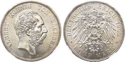Лот №39,  Германская империя. Королевство Саксония. Король Альберт. 5 марок 1902 года. На смерть Альберта Саксонского. В слабе ННР MS 65.