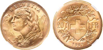 Лот №44,  Швейцария. 20 франков 1947 года. В слабе ННР MS 67.
