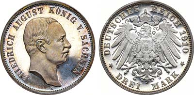 Лот №31,  Германская Империя. Королевство Саксония. Король Фридрих Август III. 3 марки 1910 года. В слабе ННР PF 65.