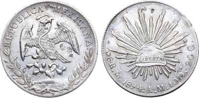 Лот №38,  Мексика. Республика. 8 реалов 1894 года (с надчеканками азиатских обменных контор).