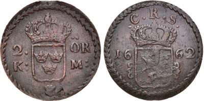 Лот №327,  Королевство Швеция. Король Карл XI. 2 эре 1662 года.