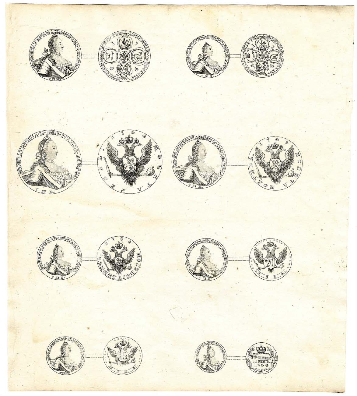 Лот №421, Гравюра с образцами штемпелей монет 1764 года императрицы Екатерины II. Приложение к указу о введении новых типов монет.