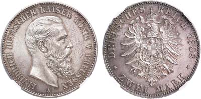 Лот №43,  Германская империя. Королевство Пруссия. Король Фридрих III. 2 марки 1888 года. В слабе ННР MS 64.