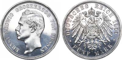 Лот №44,  Германская империя. Великое герцогство Гессен. Великий герцог Эрнст Людвиг. 5 марок 1900 года.
