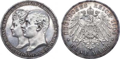 Лот №48,  Германская империя. Великое герцогство Мекленбург-Шверин. Великий герцог Фридрих Франц IV. 5 марок 1904 года.