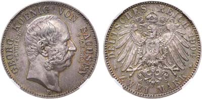 Лот №50,  Германская империя. Королевство Саксония. Король Георг. 2 марки 1904 года. В слабе ННР MS 65.
