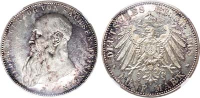 Лот №53,  Германская империя. Герцогство Саксен-Мейнинген. Герцог Георг II. 5 марок 1908 года. В слабе ННР MS 64.