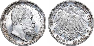 Лот №55,  Германская империя. Королевство Вюртемберг. Король Вильгельм II. 3 марки 1909 года.