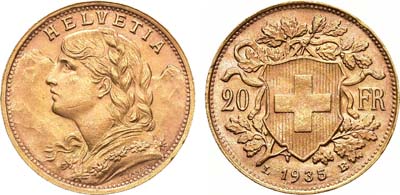 Лот №105,  Швейцария. Конфедерация. 20 франков 1935 года (L-B). Рестрайк.