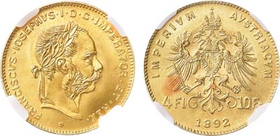 Лот №57,  Австро-Венгерская Империя. Император Франц Иосиф I. 4 флорина 1892 года. В слабе ННР MS 67.