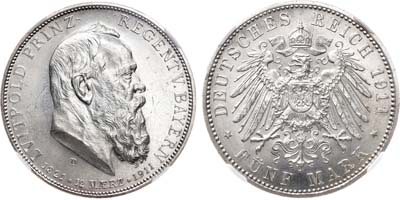 Лот №242,  Германская империя. Королевство Бавария. 5 марок 1911 года. В слабе ННР MS 62.