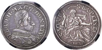 Лот №257,  Италия. Великое герцогство Тосканское. Герцог Фердинандо II Медичи. Тестон 1636 года. В слабе RNGA XF 45.