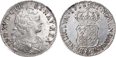 Лот №279,  Королевство Франция. Король Людовик XV. 1 экю 1718 года. В слабе ННР AU det. (следы коррозии).