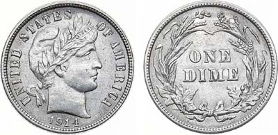 Лот №212,  США. Дайм (10 центов) 1914 года.