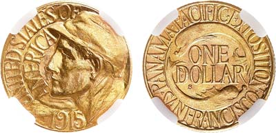 Лот №213,  США. 1 доллар 1915 года. Панамо-Тихоокеанская международная выставка. В слабе NRG MS 66.