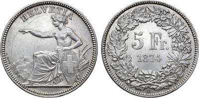 Лот №231,  Швейцарская конфедерация. 5 франков 1874 года.