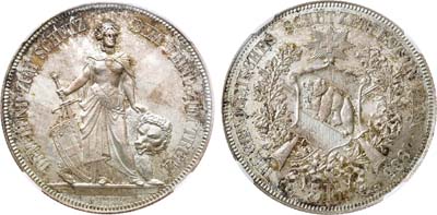 Лот №240,  Швейцарская Конфедерация. 5 франков 1885 года. Стрелковый фестиваль в Берне. В слабе ННР MS 66.