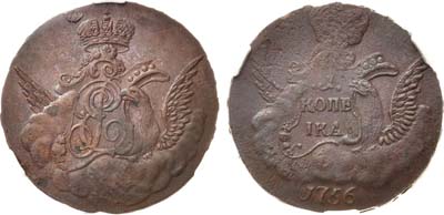 Лот №422, 1 копейка 1756 года. Без букв. В слабе CPRC AU 58 BN.