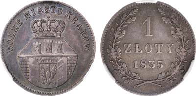 Лот №642, 1 злотый 1835 года. Вольный город Краков. В слабе CPRC AU 55.