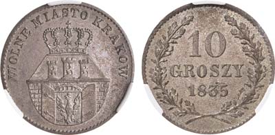 Лот №643, 10 грошей 1835 года. Вольный город Краков. В слабе CPRC MS 62.