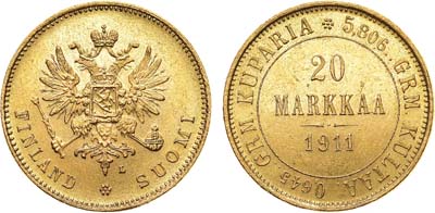 Лот №924, 20 марок 1911 года. L. В слабе ННР MS 64.