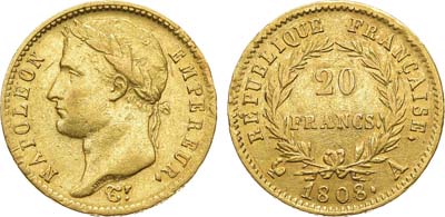 Лот №214,  Франция. Первая империя. Император Наполеон I Бонапарт. 20 франков 1808 года.