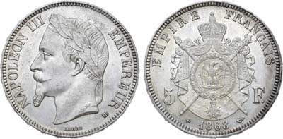 Лот №228,  Франция. Вторая империя. Император Наполеон III. 5 франков 1868 года.
