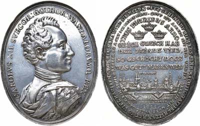Лот №240,  Королевство Швеция. Король Карл XII. Медаль 1715 года. В память обороны Штральзунда.