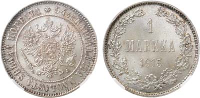 Лот №875, 1 марка 1915 года. S. В слабе ННР MS 66.