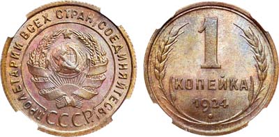 Лот №900, 1 копейка 1924 года. В слабе ННР MS 66 BN.