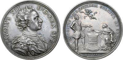 Лот №28,  Коллекция. Швеция. Королевство. Король Карл XII. Медаль в честь прибытия Карла XII в Штральзунд после его бегства из Турции в ноябре 1714 года.