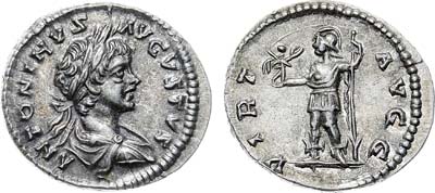 Лот №469,  Римская империя. Император Каракалла (как Август). Денарий 198-217 гг.