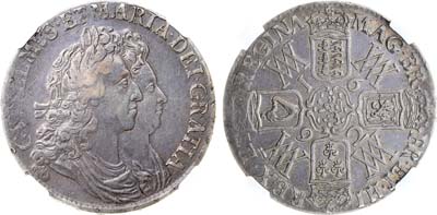 Лот №539,  Англия. Королевство. Король Вильгельм III и Мария. 1 крона 1692 года. В слабе NRG XF 45.