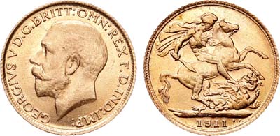 Лот №550,  Великобритания. Королевство. Король Георг V. Соверен (1 фунт) 1911 года.