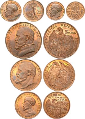 Лот №565,  Германия. Империя. Бавария. Людвиг III. Набор из 5 пробных монет Карла Гётца (20, 10, 5, 3, 2 марки 1913 года).
