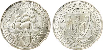 Лот №568,  Германия. Веймарская республика. 5 рейхсмарок 1927 года. В честь 100-летия города Бремерхафена. В слабе NRG MS 64.