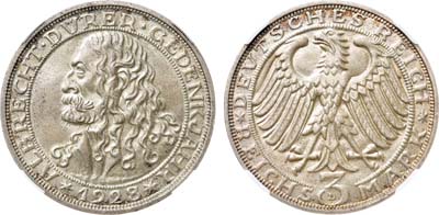 Лот №569,  Германия. Веймарская республика. 3 рейхсмарки 1928 года. В память 400-летия со дня смерти Альбрехта Дюрера. В слабе ННР MS 64.