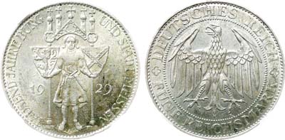 Лот №570,  Германия. Веймарская республика. 5 рейхсмарок 1929 года. В честь 1000-летия основания города Мейсена. В слабе NRG MS 62.