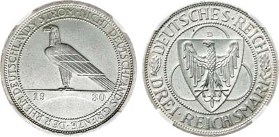 Лот №571,  Германия. Веймарская республика. 3 рейхсмарки 1930 года. Освобождение Рейнской области (Рейнланда). В слабе NRG MS 63.