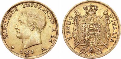 Лот №578,  Италия. Королевство. Король Наполеон I. 20 лир 1808 года.