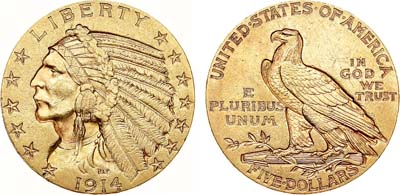 Лот №593,  США. 5 долларов 1914 года. Индеец.