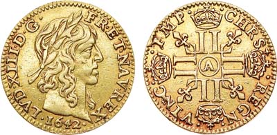 Лот №596,  Франция. Королевство. Король Людовик XIII. 1/2 луидора 1642 года.
