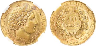 Лот №603,  Франция. Третья республика. 10 франков 1899 года. В слабе NRG MS 62.