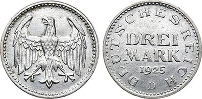 Артикул №21-13127,  Германия. Веймарская республика. 3 марки 1925 года.
