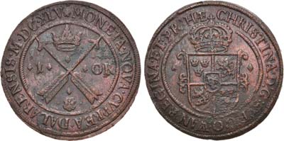 Артикул №22-29936,  Королевство Швеция. Королева Кристина. 1 эре 1645 года.