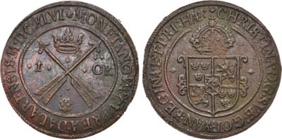 Артикул №22-29937,  Королевство Швеция. Королева Кристина. 1 эре 1646 года.