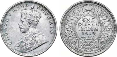 Артикул №22-03692,  Британская Индия. Колония. Король Георг V. 1 рупия 1919 года.