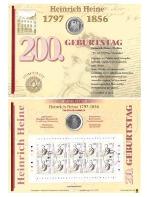 Артикул №24-03343,  ФРГ. 10 марок 1997 года 200 лет со дня рождения Генриха Гейне, с квартблоком марок.